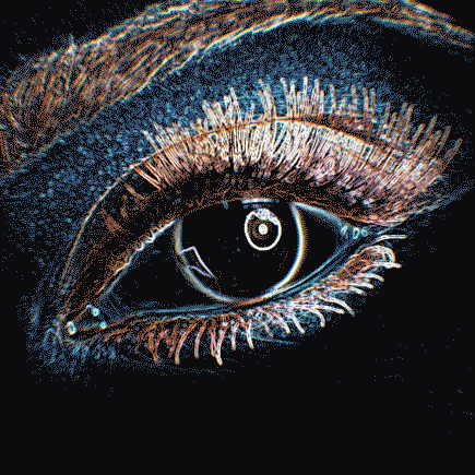 An eye rendered in blue and amber light against black